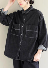 Denim Negro Top Silueta Bolsillos De Solapa Vestidos De Lino Camisas